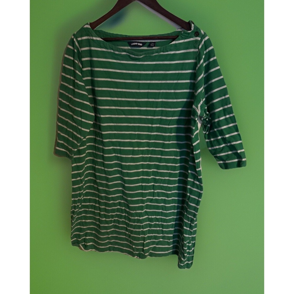 Lands'‎ End Dress Women's 2X 20W/22 Striped 3/4 Sleeve Cotton Knee Length Green